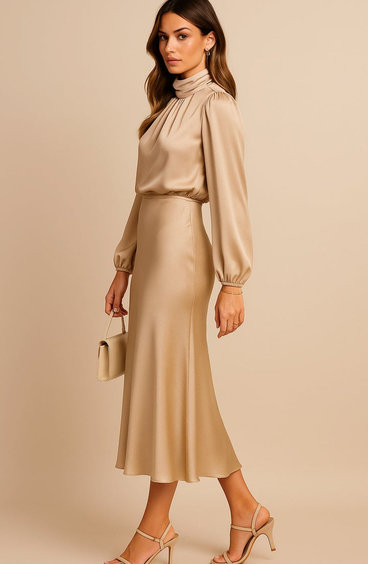 Women's High-Waist Mock-Neck Satin Long-Sleeve Midi Dress