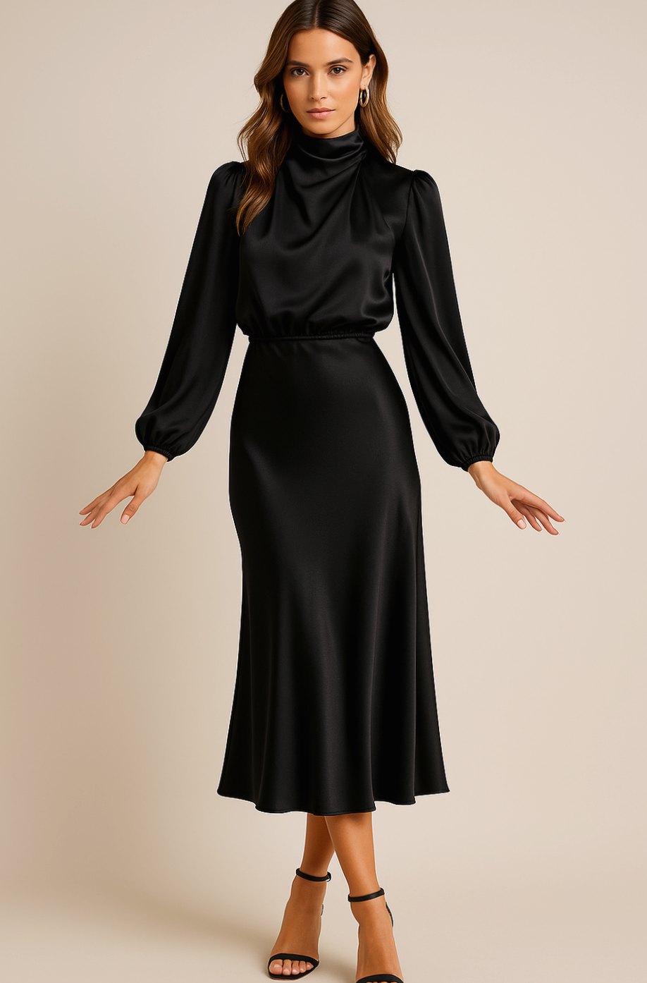 Women's High-Waist Mock-Neck Satin Long-Sleeve Midi Dress