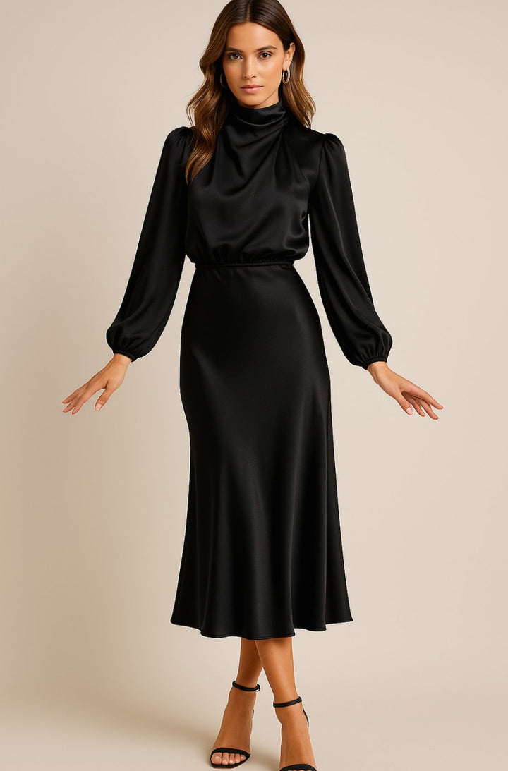 Women's High-Waist Mock-Neck Satin Long-Sleeve Midi Dress