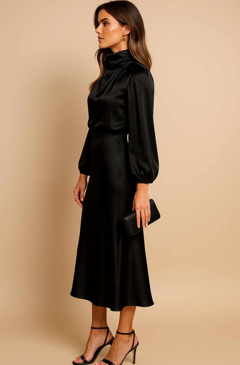 Women's High-Waist Mock-Neck Satin Long-Sleeve Midi Dress