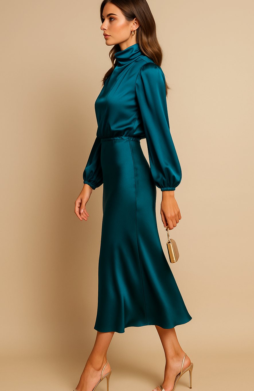 Women's High-Waist Mock-Neck Satin Long-Sleeve Midi Dress
