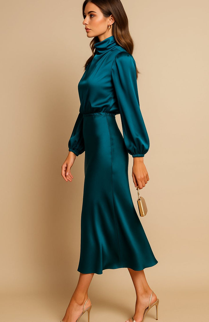 Women's High-Waist Mock-Neck Satin Long-Sleeve Midi Dress