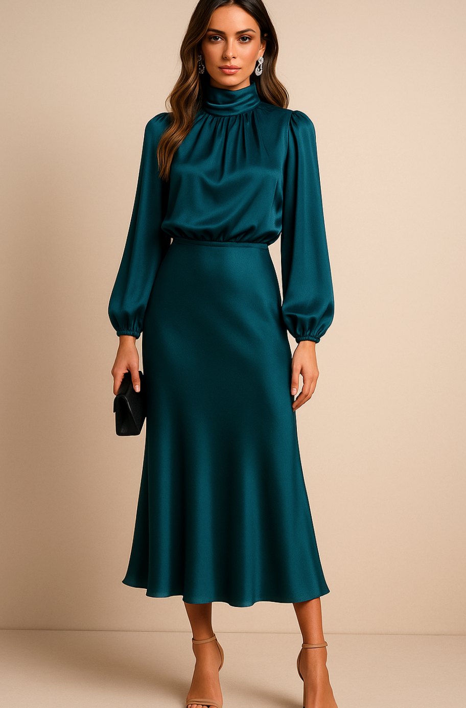 Women's High-Waist Mock-Neck Satin Long-Sleeve Midi Dress