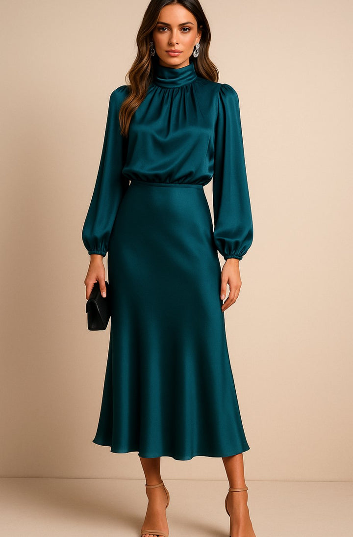 Women's High-Waist Mock-Neck Satin Long-Sleeve Midi Dress