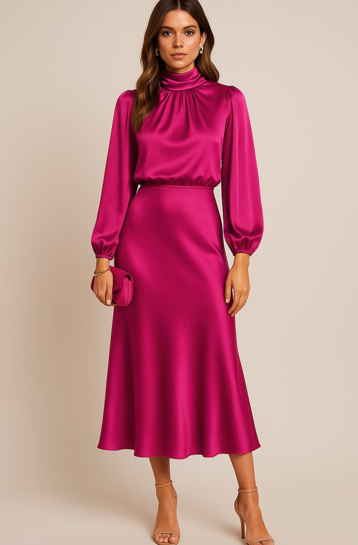 Women's High-Waist Mock-Neck Satin Long-Sleeve Midi Dress