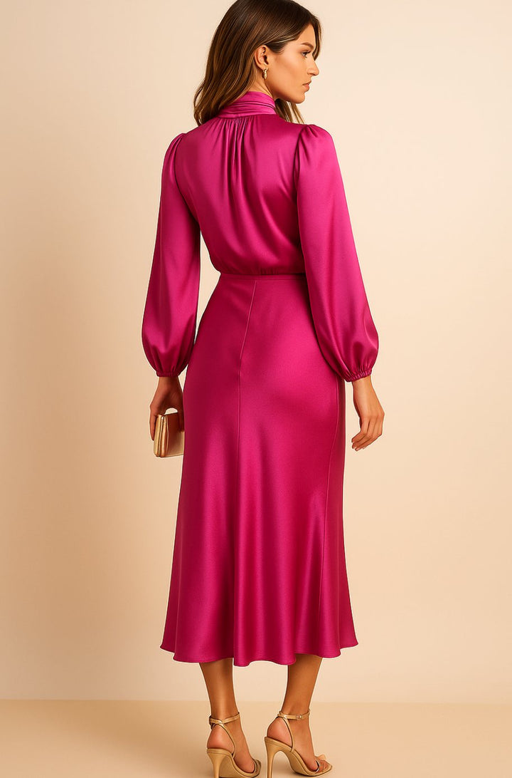 Women's High-Waist Mock-Neck Satin Long-Sleeve Midi Dress