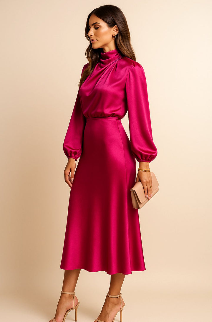 Women's High-Waist Mock-Neck Satin Long-Sleeve Midi Dress