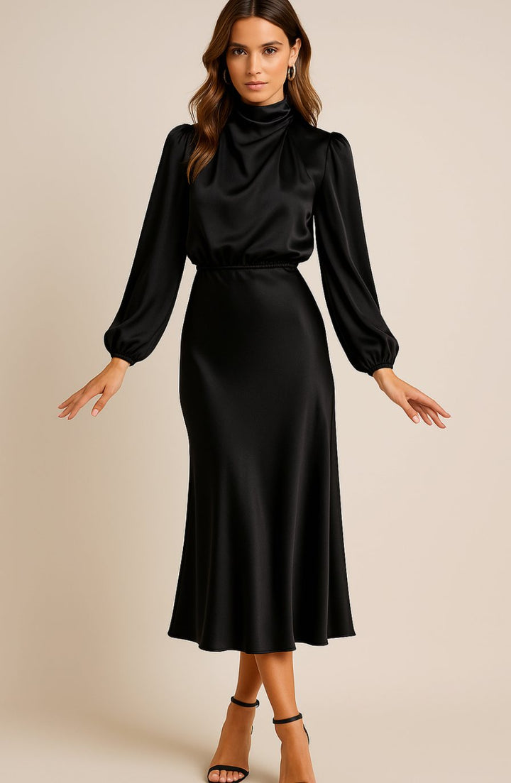 Women's High-Waist Mock-Neck Satin Long-Sleeve Midi Dress