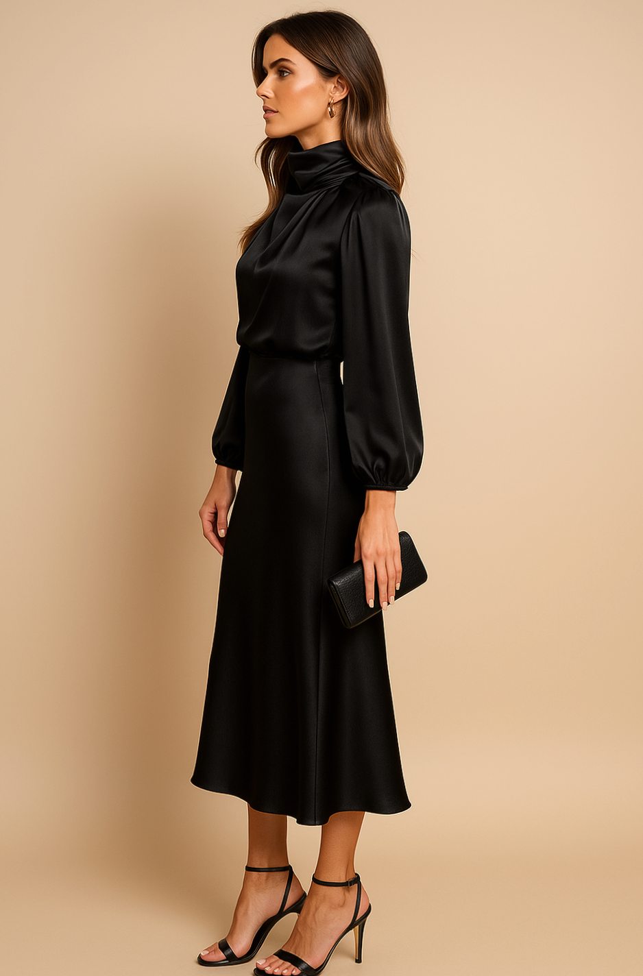 Women's High-Waist Mock-Neck Satin Long-Sleeve Midi Dress