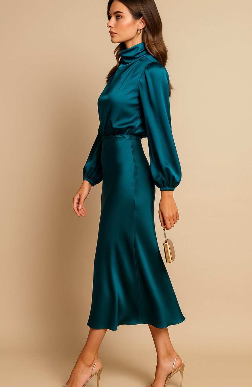 Women's High-Waist Mock-Neck Satin Long-Sleeve Midi Dress