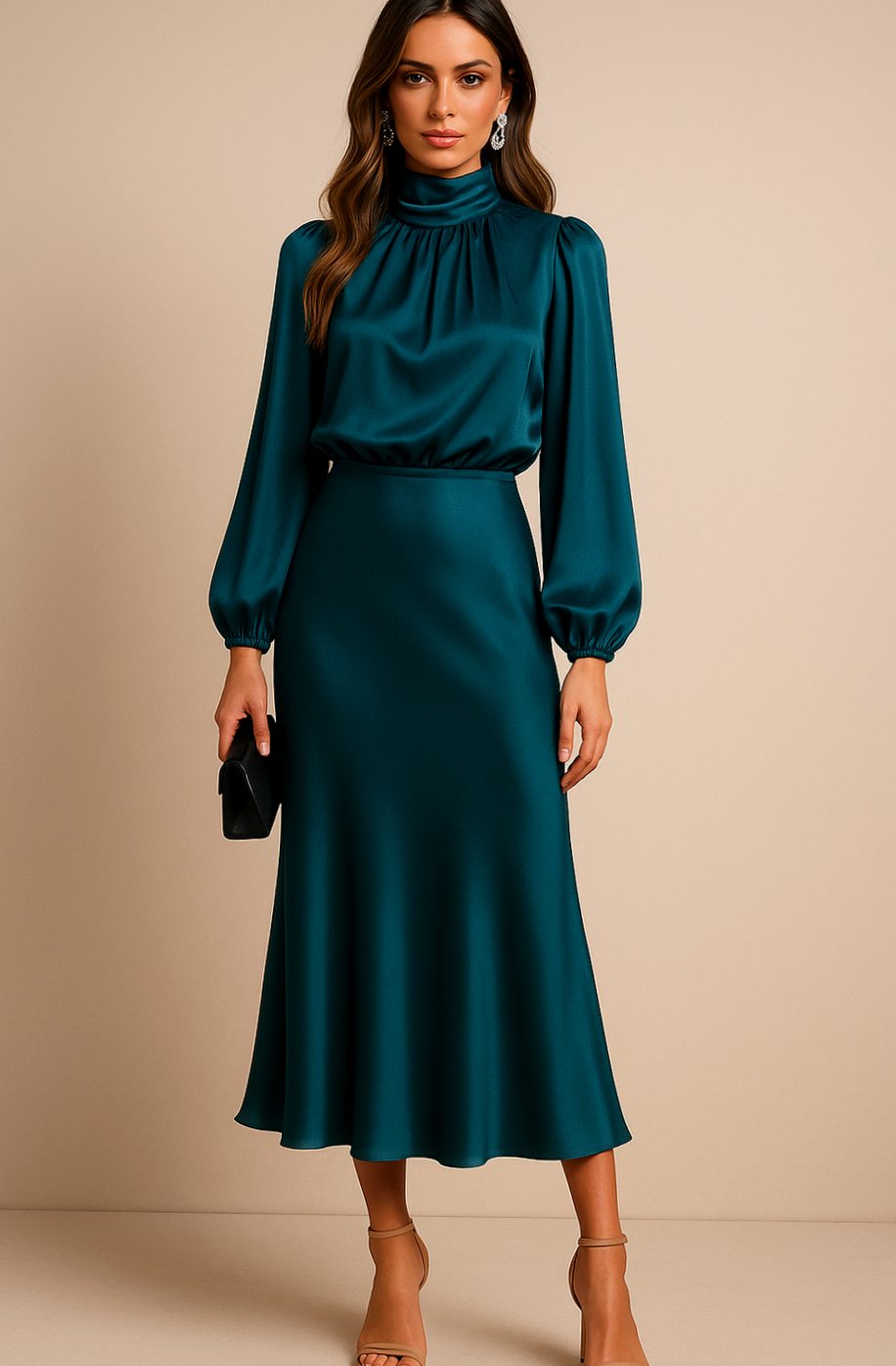 Women's High-Waist Mock-Neck Satin Long-Sleeve Midi Dress