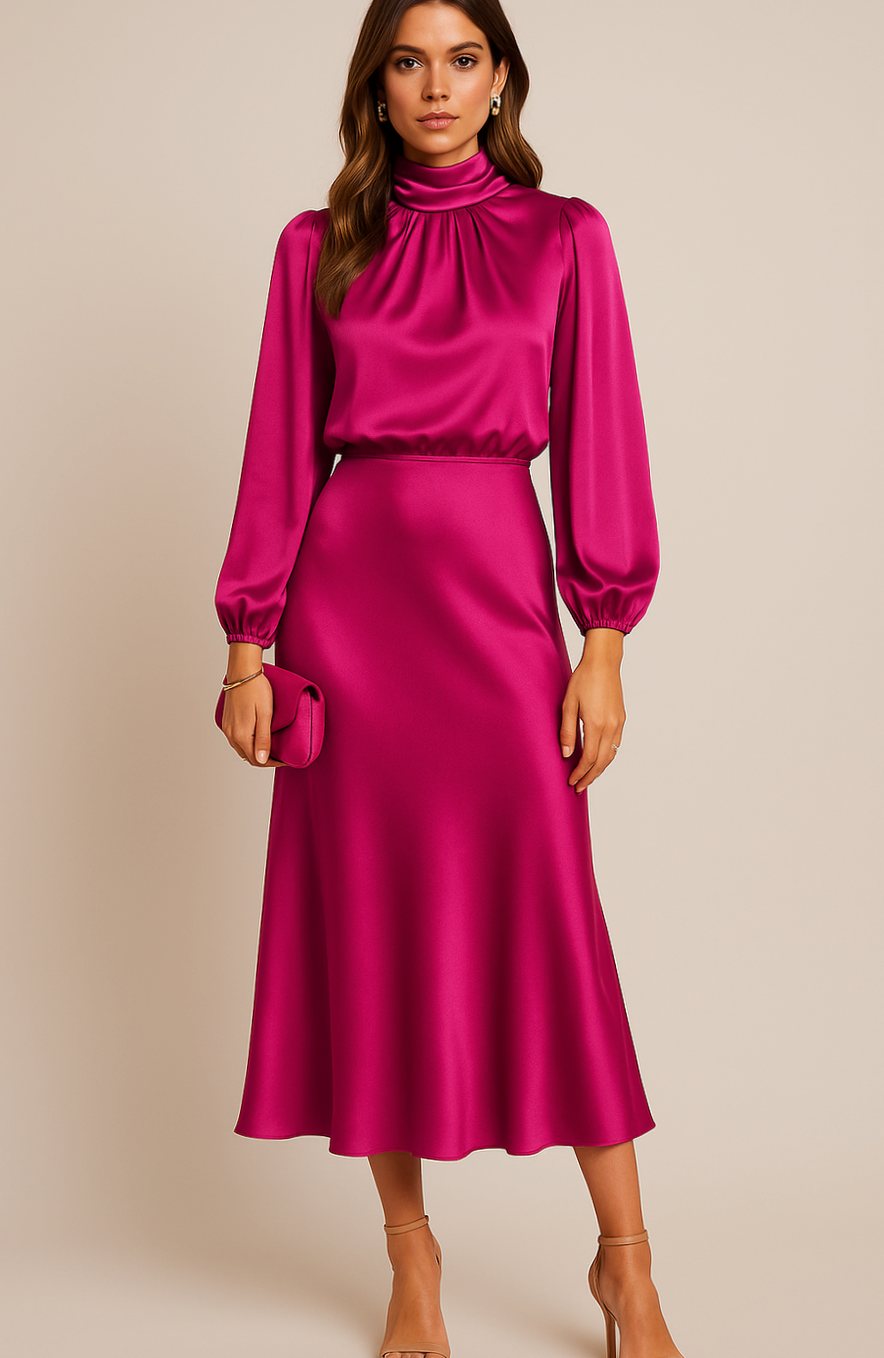 Women's High-Waist Mock-Neck Satin Long-Sleeve Midi Dress