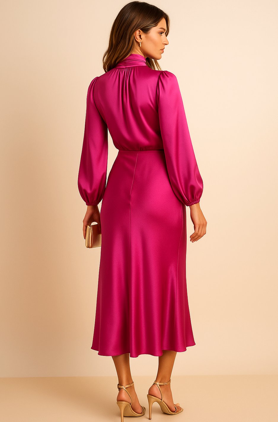 Women's High-Waist Mock-Neck Satin Long-Sleeve Midi Dress