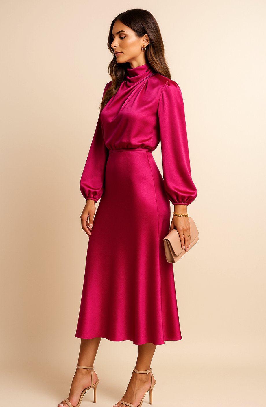 Women's High-Waist Mock-Neck Satin Long-Sleeve Midi Dress