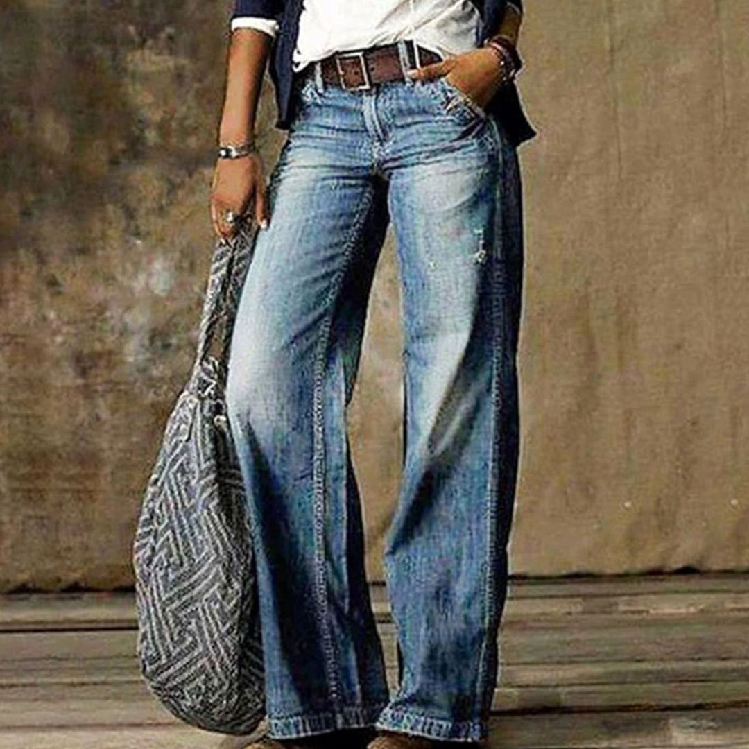 Women's High-Waist Relaxed Wide-Leg Jeans Flared Denim Pants - Light Blue