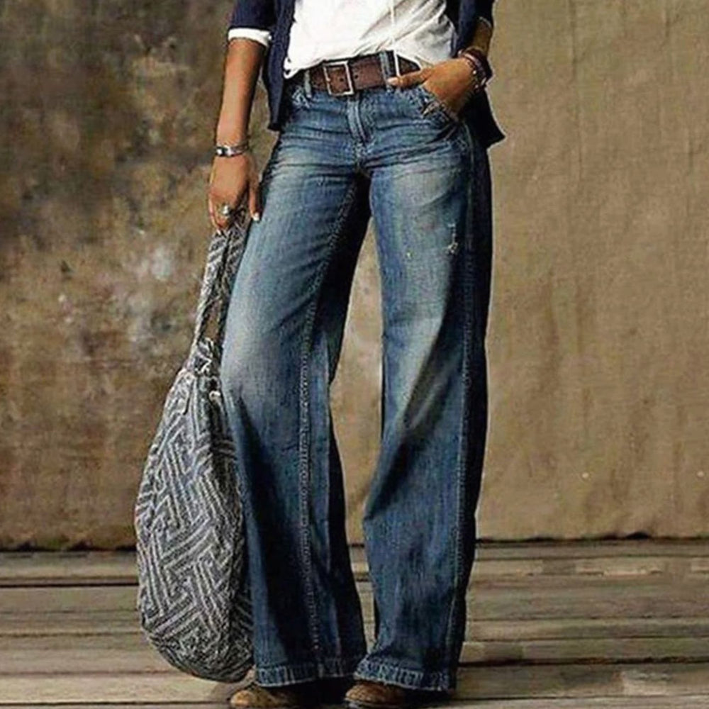Women's High-Waist Relaxed Wide-Leg Jeans Flared Denim Pants - Blue