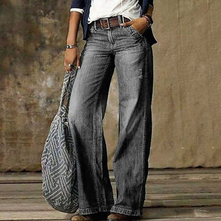 Women's High-Waist Relaxed Wide-Leg Jeans Flared Denim Pants - Light Gray