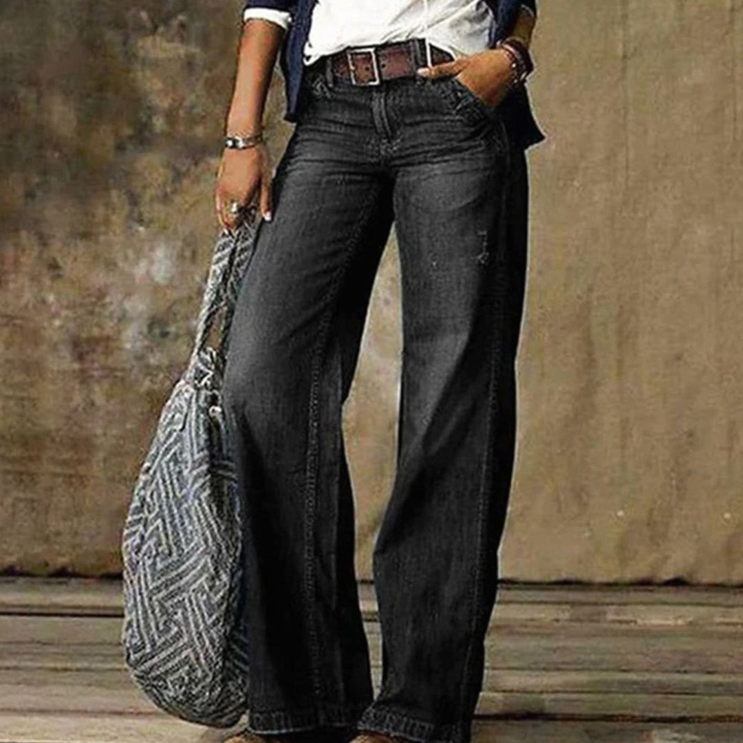 Women's High-Waist Relaxed Wide-Leg Jeans Flared Denim Pants - Gray