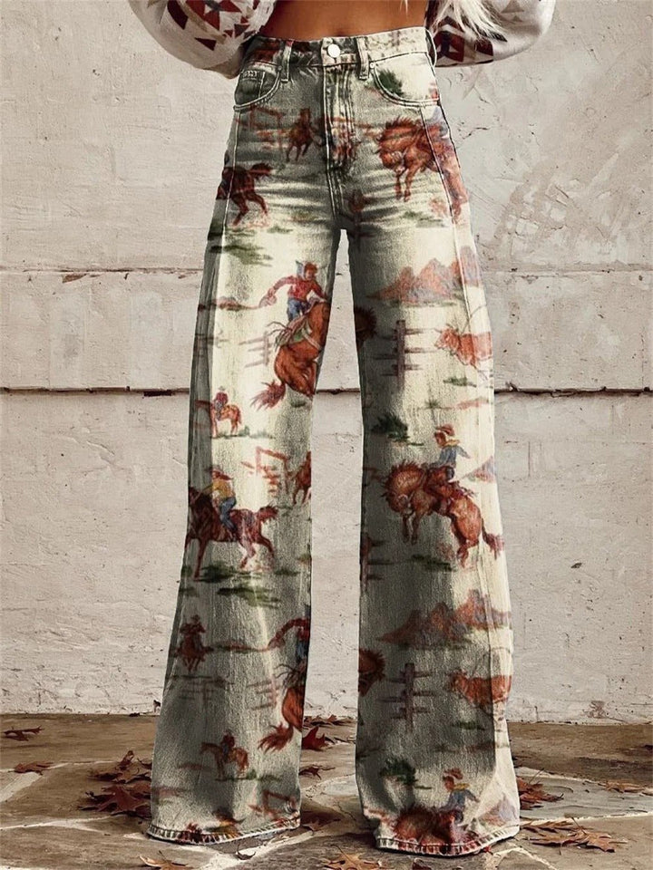 Women's High-Waist Vintage Western Print Wide-Leg Pants - Beige
