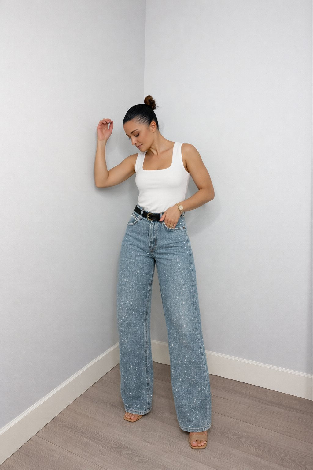 Women's High-Waist Wide-Leg Glitter Straight-Cut Jeans