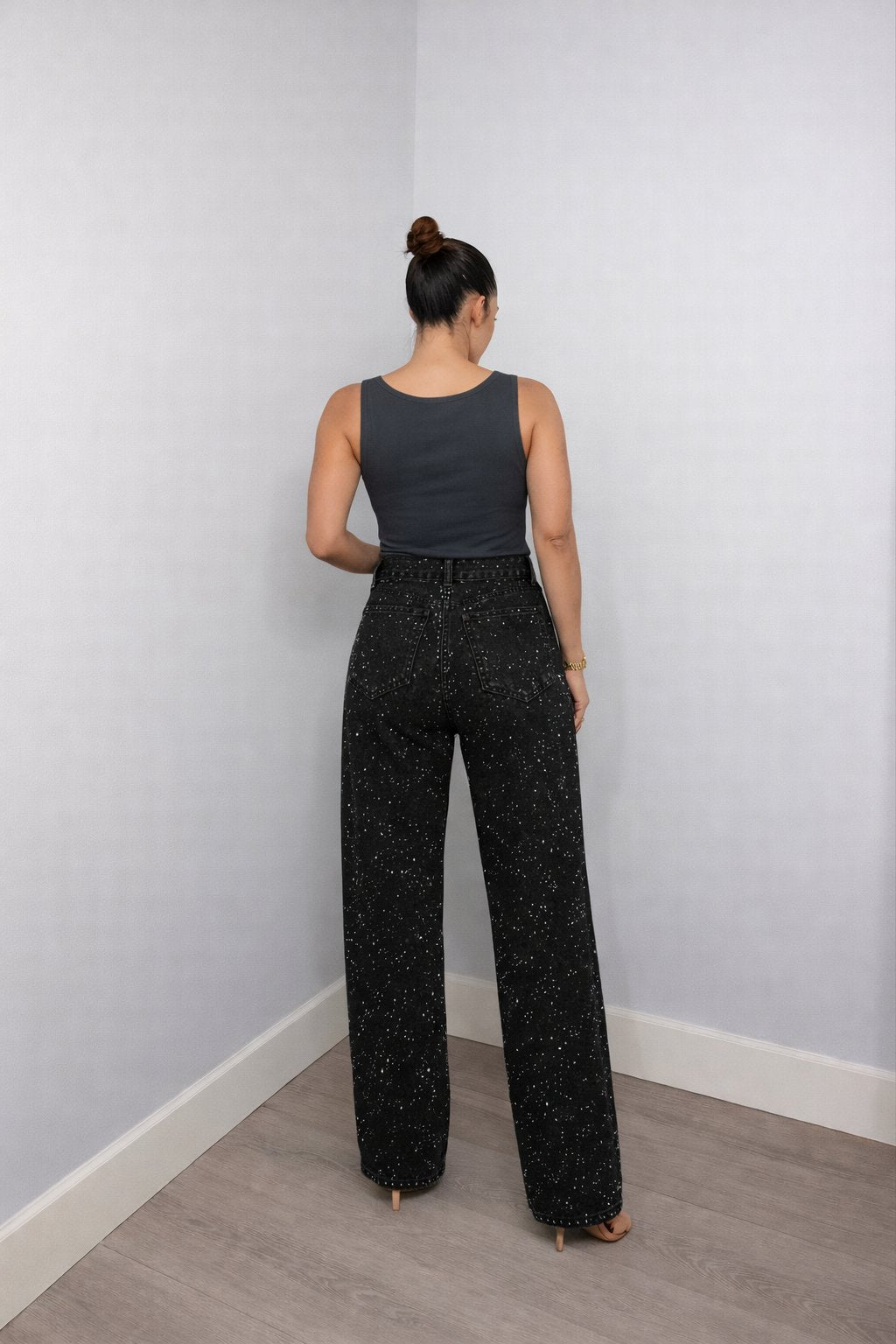 Women's High-Waist Wide-Leg Glitter Straight-Cut Jeans