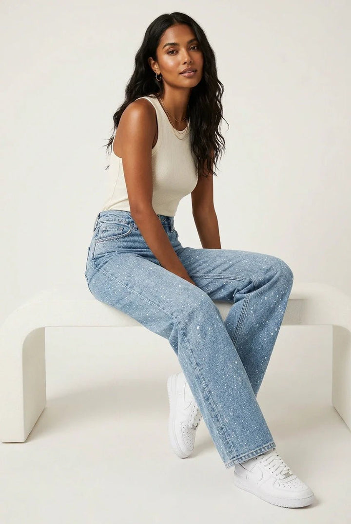 Women's High-Waist Wide-Leg Glitter Straight-Cut Jeans - Blau