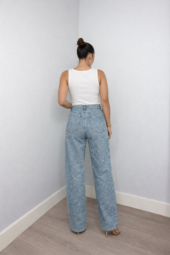 Women's High-Waist Wide-Leg Glitter Straight-Cut Jeans