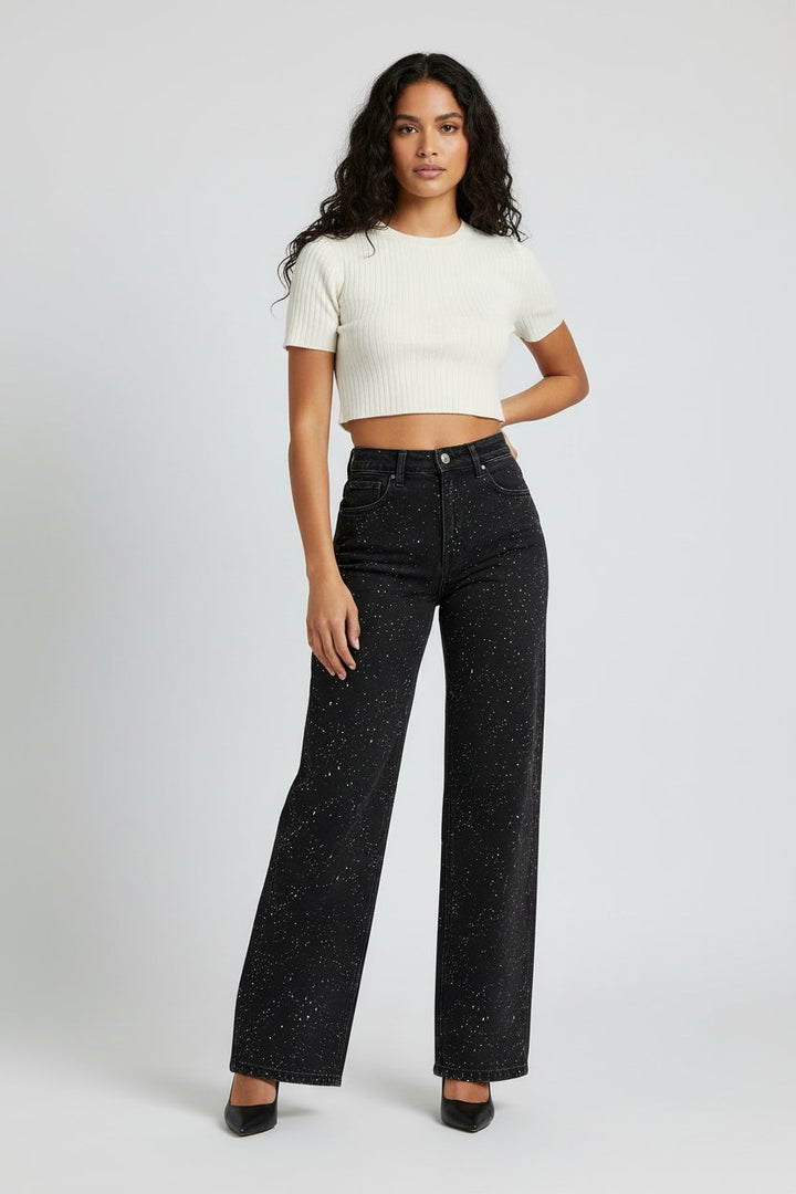 Women's High-Waist Wide-Leg Glitter Straight-Cut Jeans - Schwarz