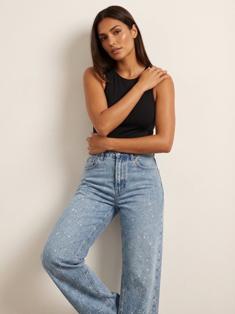Women's High-Waist Wide-Leg Glitter Straight-Cut Jeans