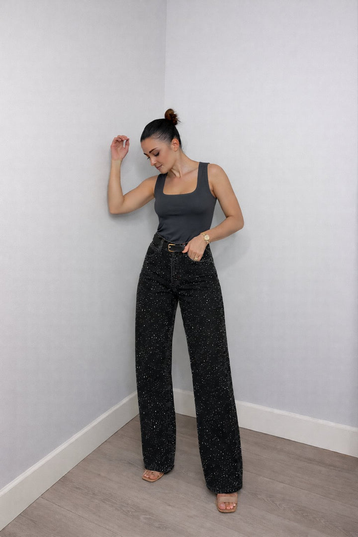 Women's High-Waist Wide-Leg Glitter Straight-Cut Jeans