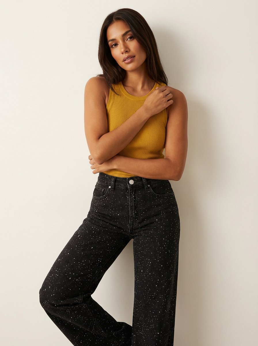 Women's High-Waist Wide-Leg Glitter Straight-Cut Jeans