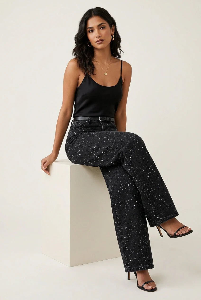 Women's High-Waist Wide-Leg Glitter Straight-Cut Jeans
