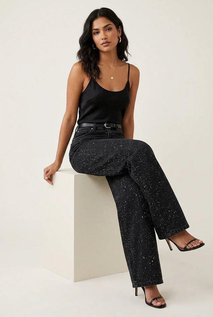 Women's High-Waist Wide-Leg Glitter Straight-Cut Jeans