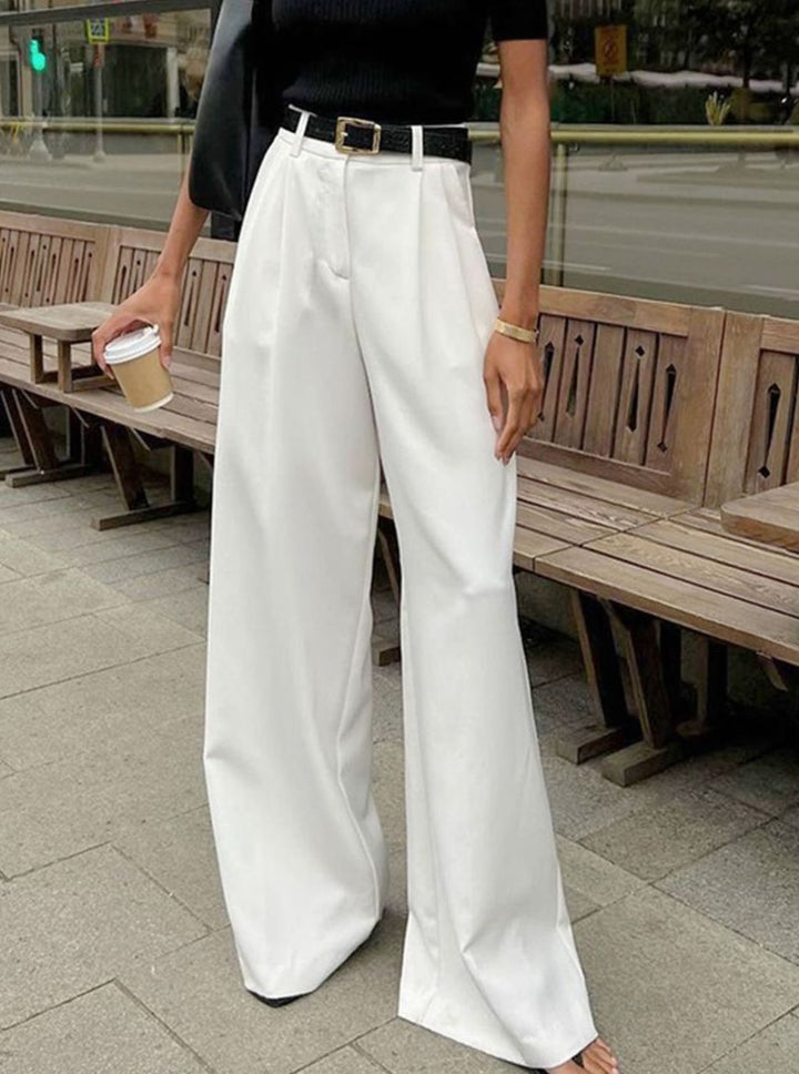 Women's High-Waist Wide-Leg Tailored Trousers Office Pleated Pants - White