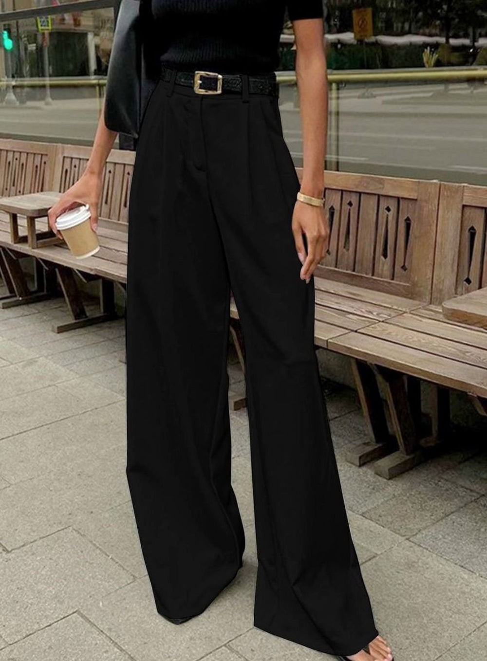 Women's High-Waist Wide-Leg Tailored Trousers Office Pleated Pants - Black