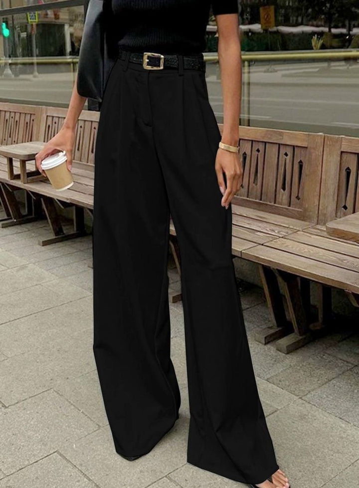 Women's High-Waist Wide-Leg Tailored Trousers Office Pleated Pants - Black