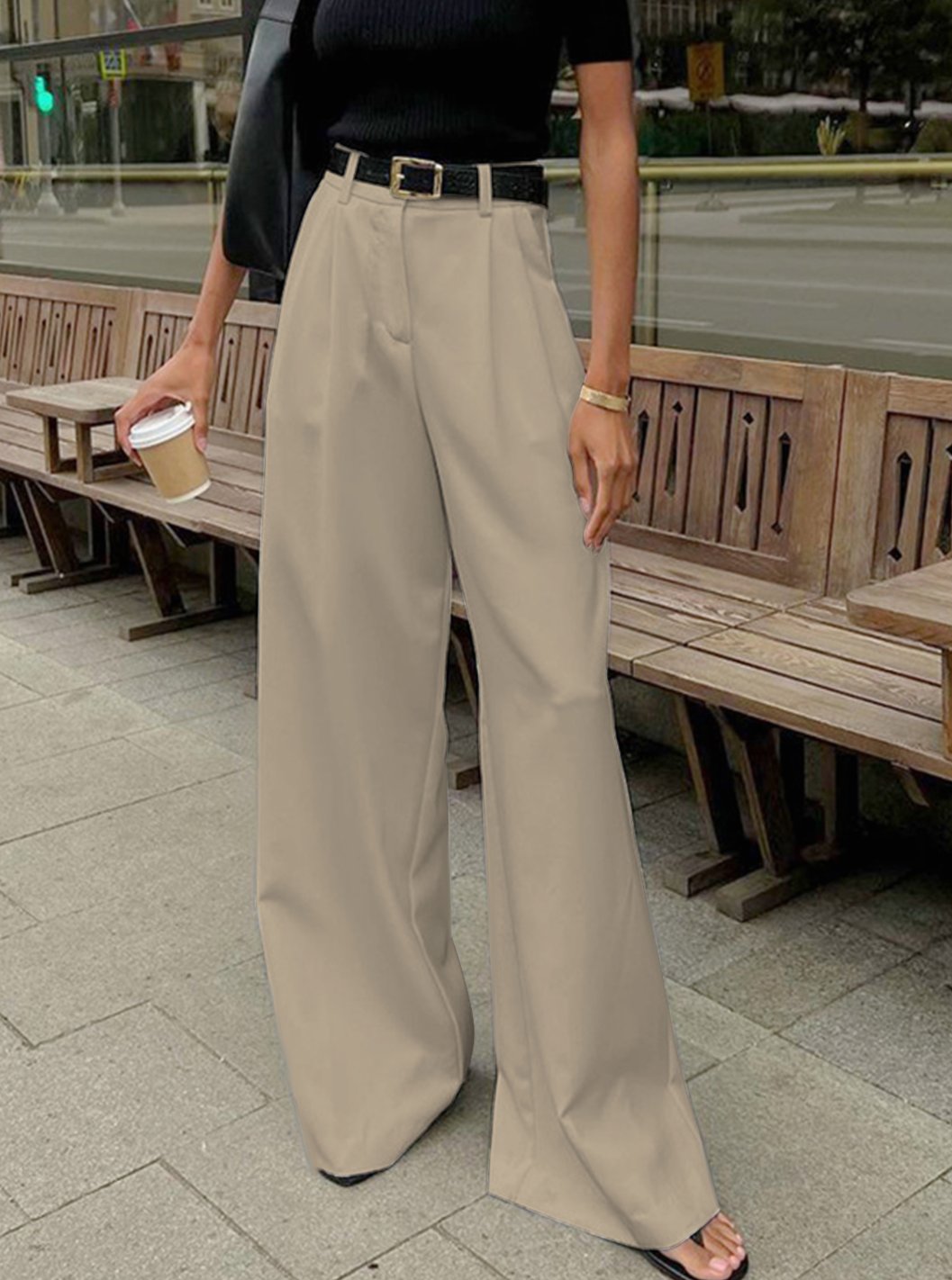 Women's High-Waist Wide-Leg Tailored Trousers Office Pleated Pants - Khaki