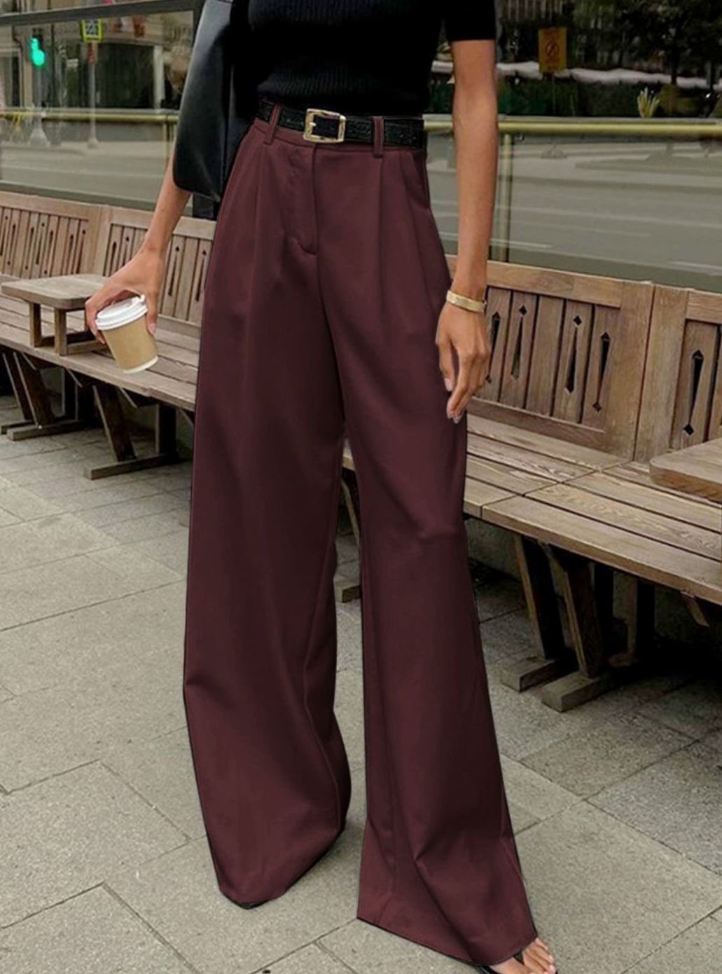 Women's High-Waist Wide-Leg Tailored Trousers Office Pleated Pants - Burgundy