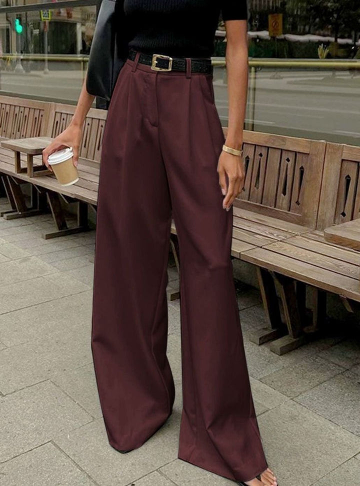 Women's High-Waist Wide-Leg Tailored Trousers Office Pleated Pants - Burgundy