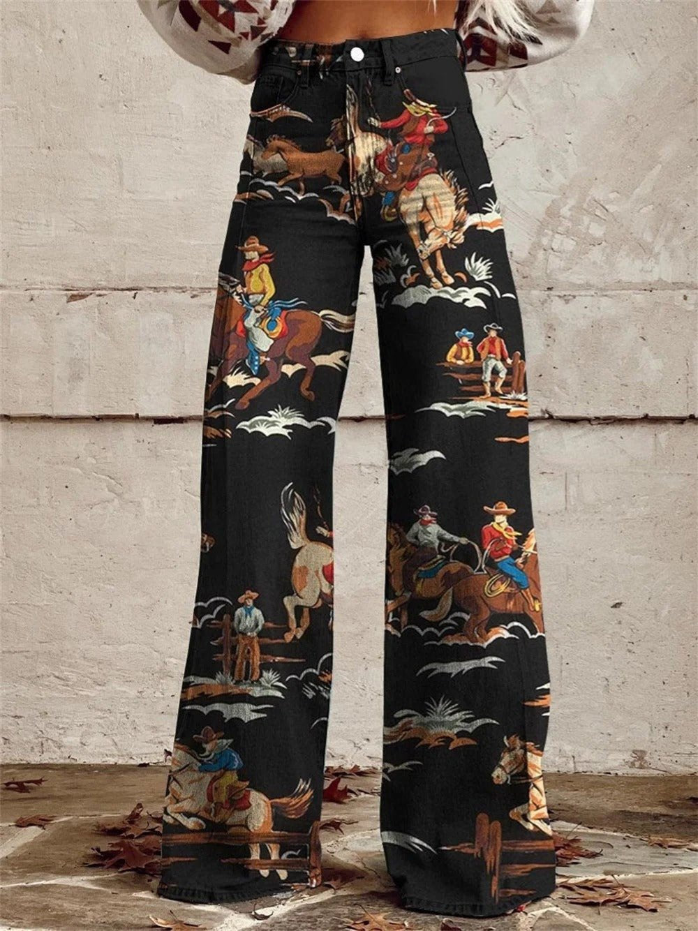 Women's High-Waist Wide-Leg Western Print Denim Pants - Black
