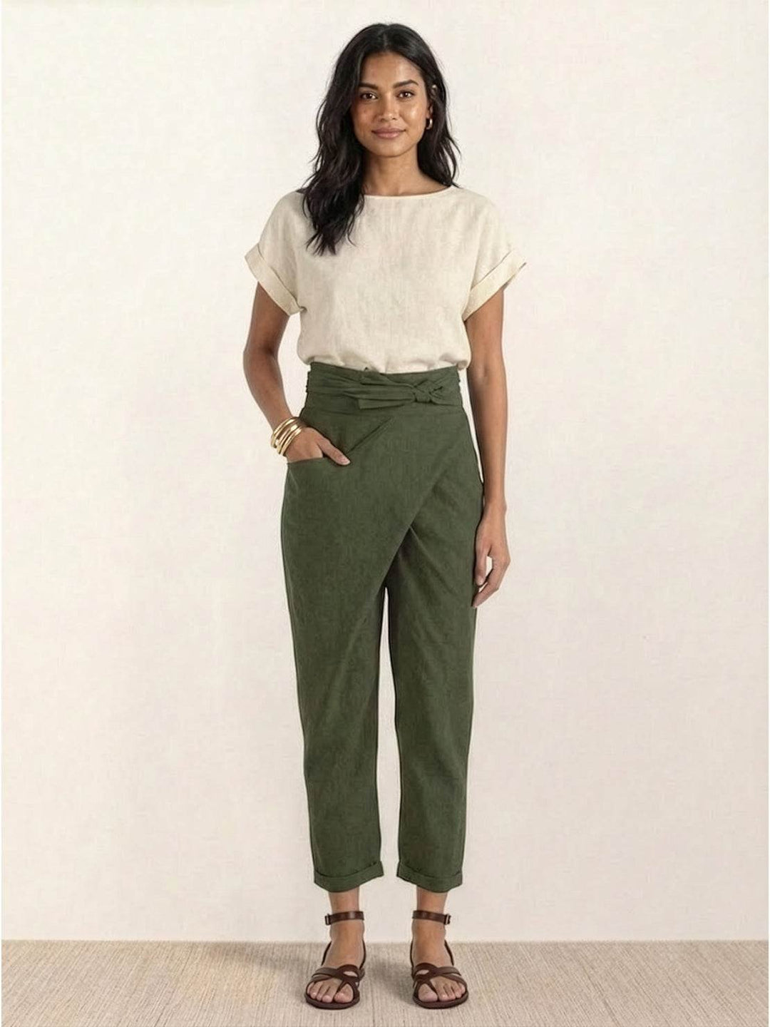 Women's High-Waist Wrap-Front Cropped Tapered Pants