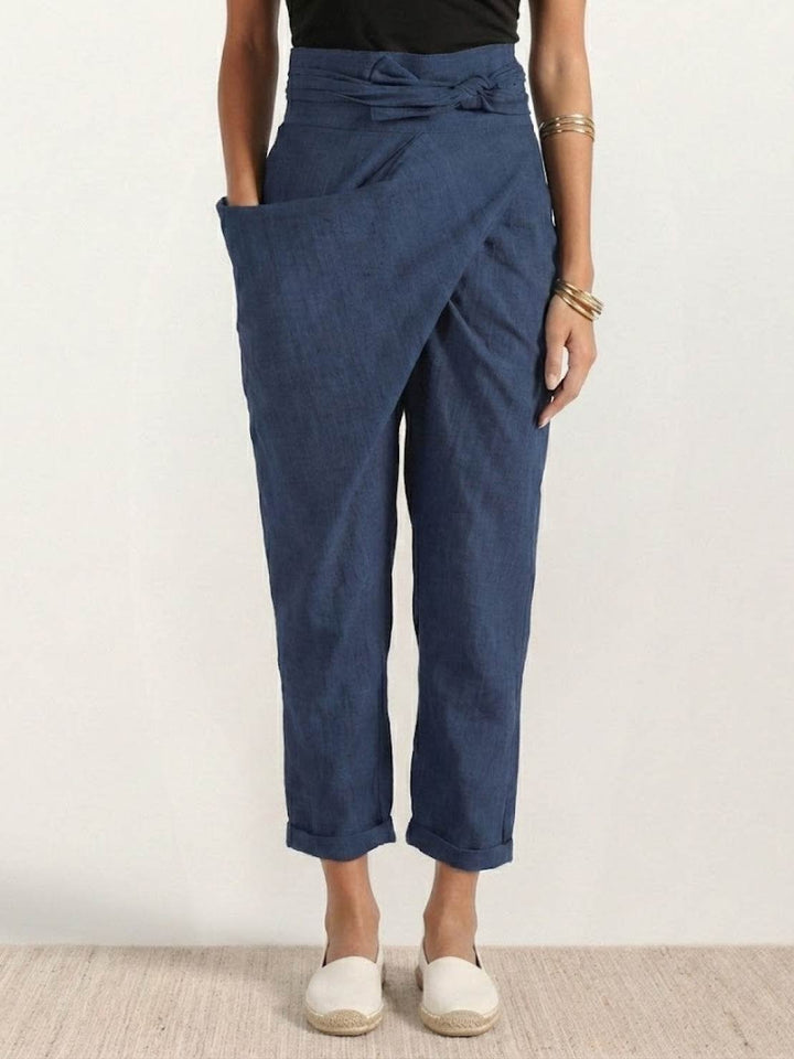 Women's High-Waist Wrap-Front Cropped Tapered Pants - Navy Blue