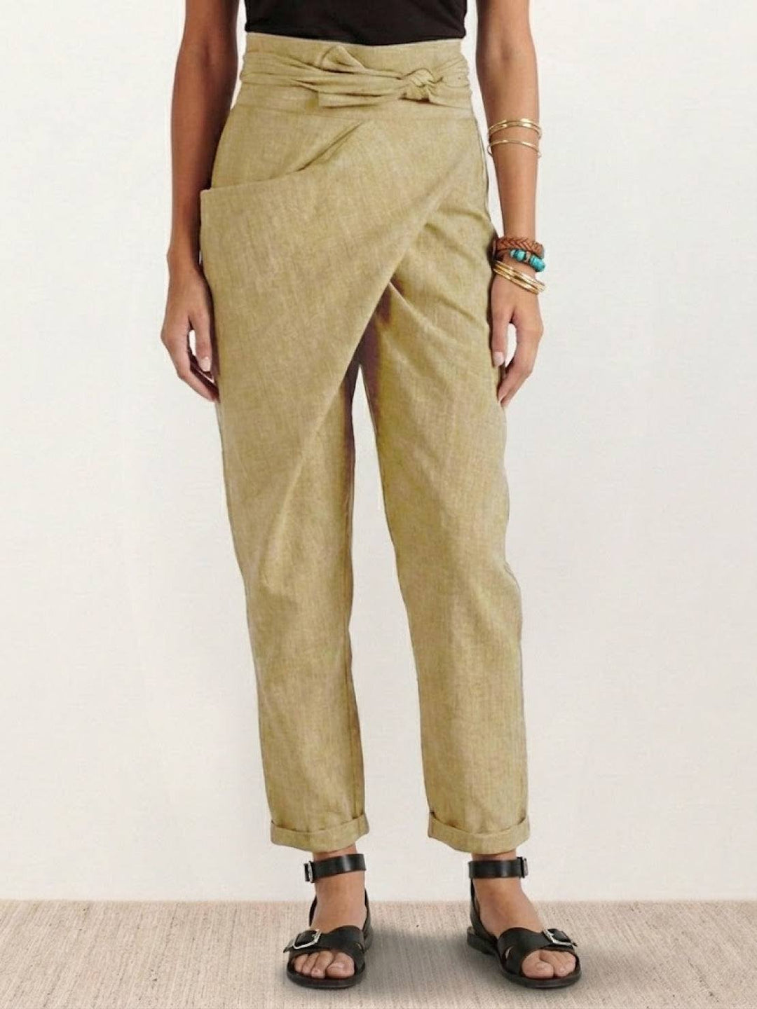 Women's High-Waist Wrap-Front Cropped Tapered Pants - Khaki