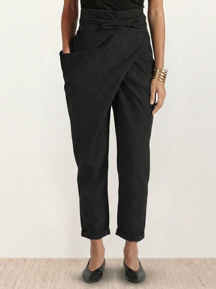 Women's High-Waist Wrap-Front Cropped Tapered Pants - Black