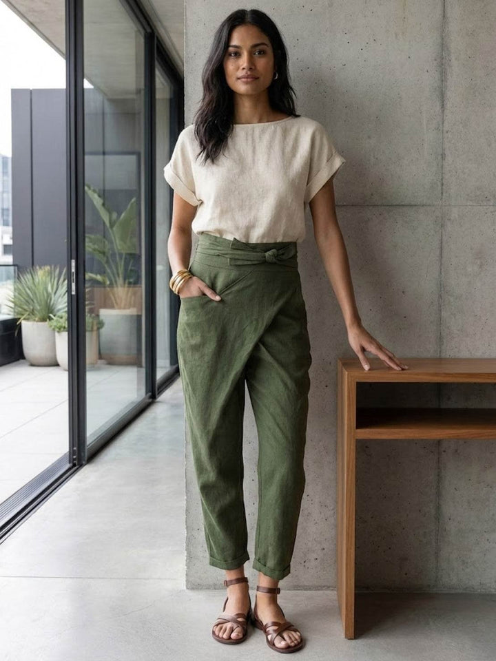 Women's High-Waist Wrap-Front Cropped Tapered Pants