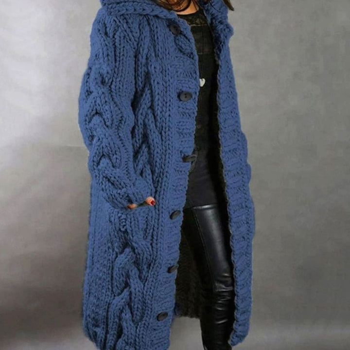Women's Hooded Cable Knit Cardigan Long Button-Front Sweater Coat - Blue