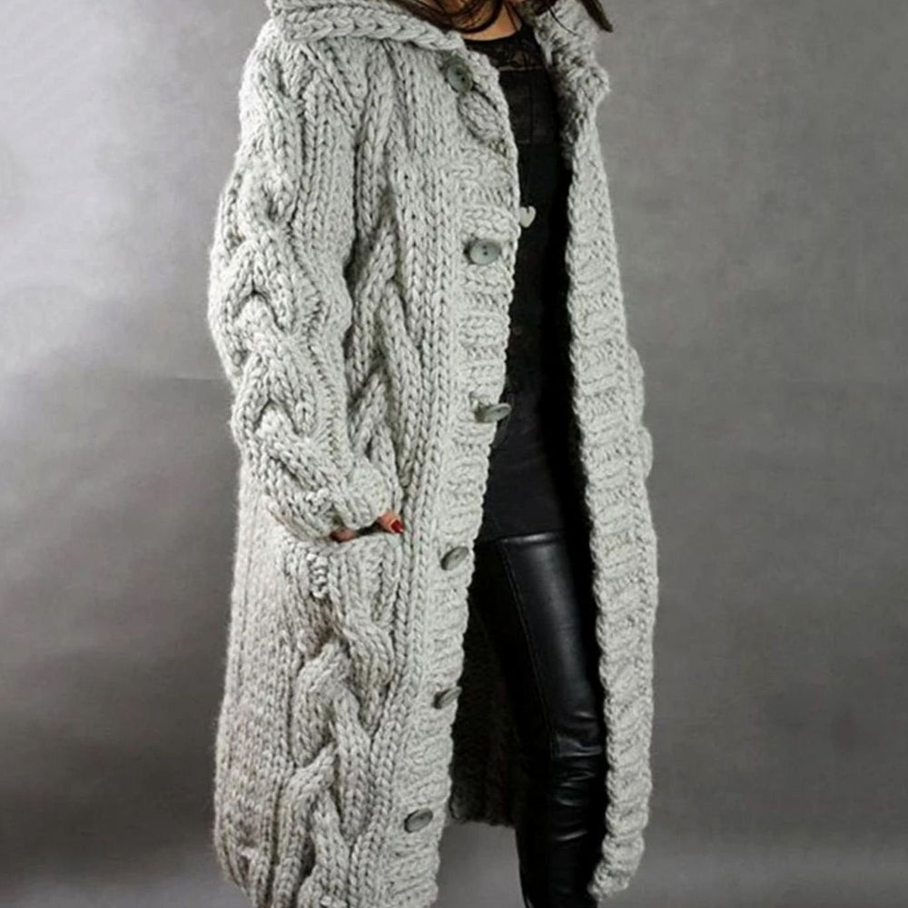 Women's Hooded Cable Knit Cardigan Long Button-Front Sweater Coat - Silver Gray