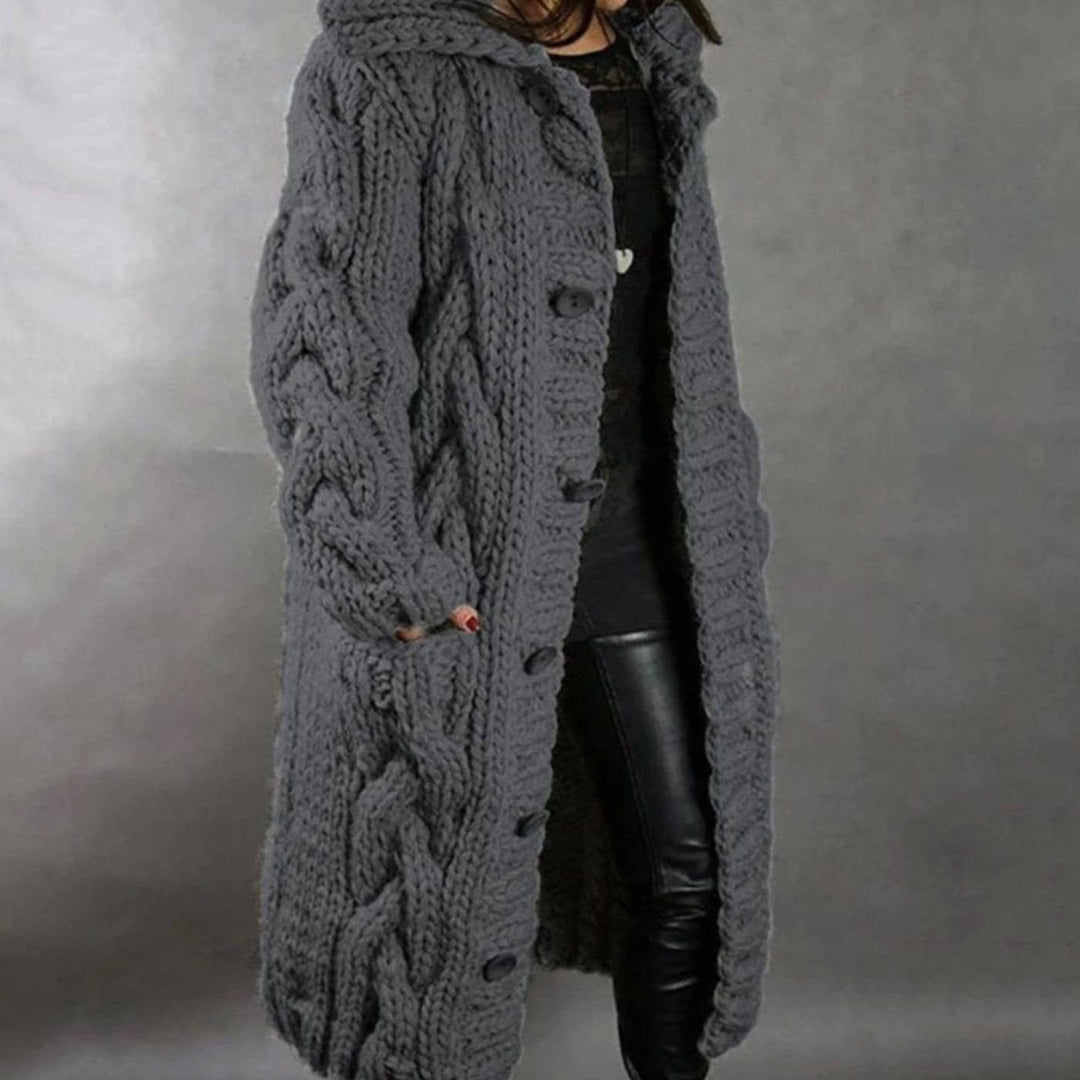 Women's Hooded Cable Knit Cardigan Long Button-Front Sweater Coat - Dark Gray