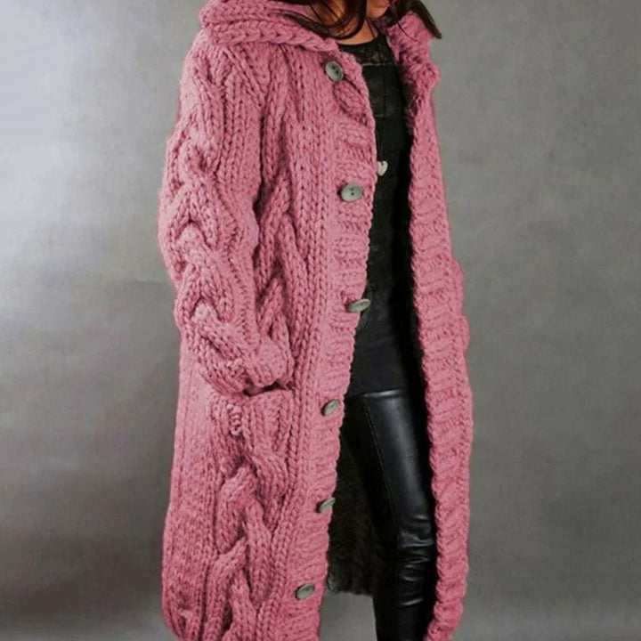 Women's Hooded Cable Knit Cardigan Long Button-Front Sweater Coat - Pink