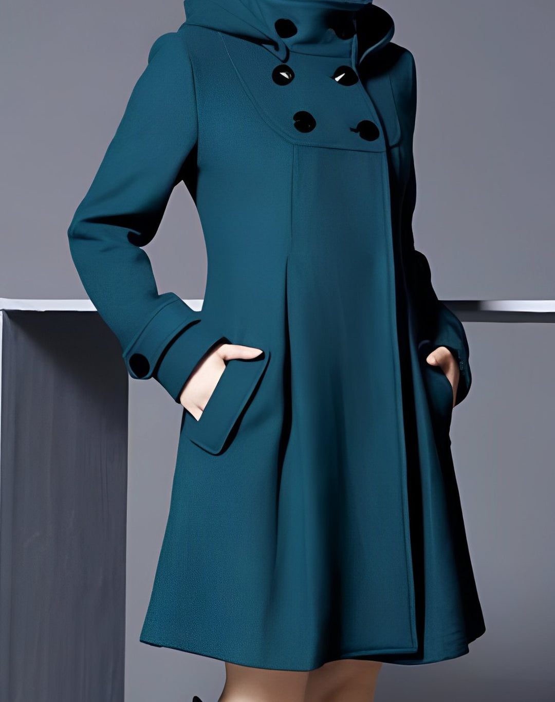 Women's Hooded Double-Breasted A-Line Button-Down Coat - Dark Green